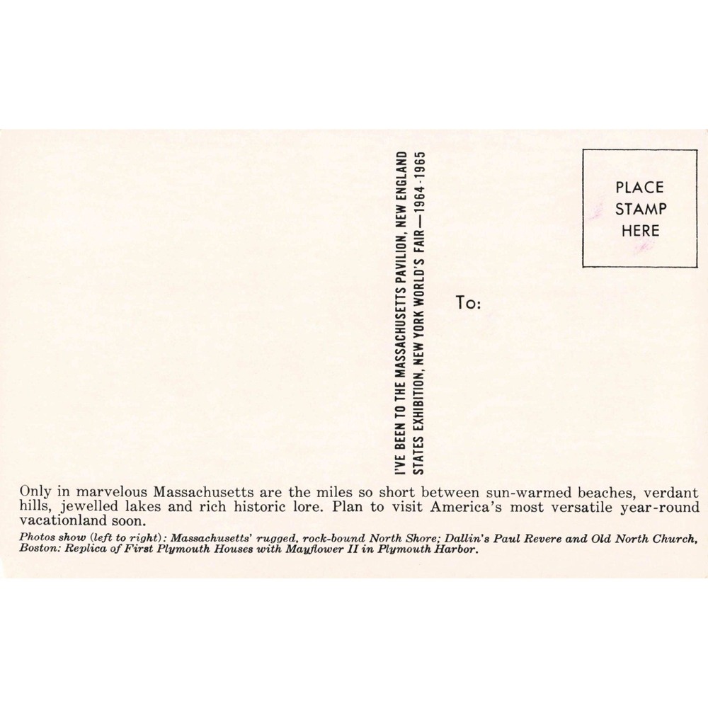 Vintage Massachusetts 1964 New York Worlds Fair Postcard Paul Revere Mayflower - Picture 2 of 2